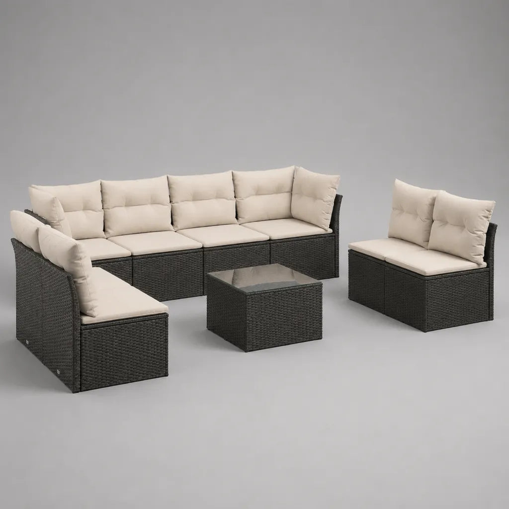 Salon de jardin de 8 pièces en rotin en PE et acier, 7 places assises avec table vitrée, anthracite et beige, dimensions de réglage env. 260 × 130 × 66 cm
