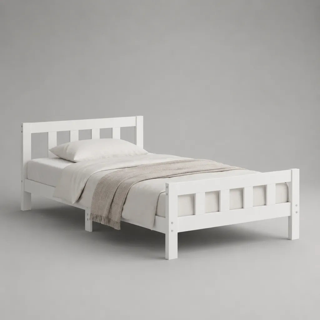 Lit simple en bois massif de pin avec grille de lattes, blanc, surface plane 90 × 190 cm, dimensions totales 198 × 98 × 90 cm