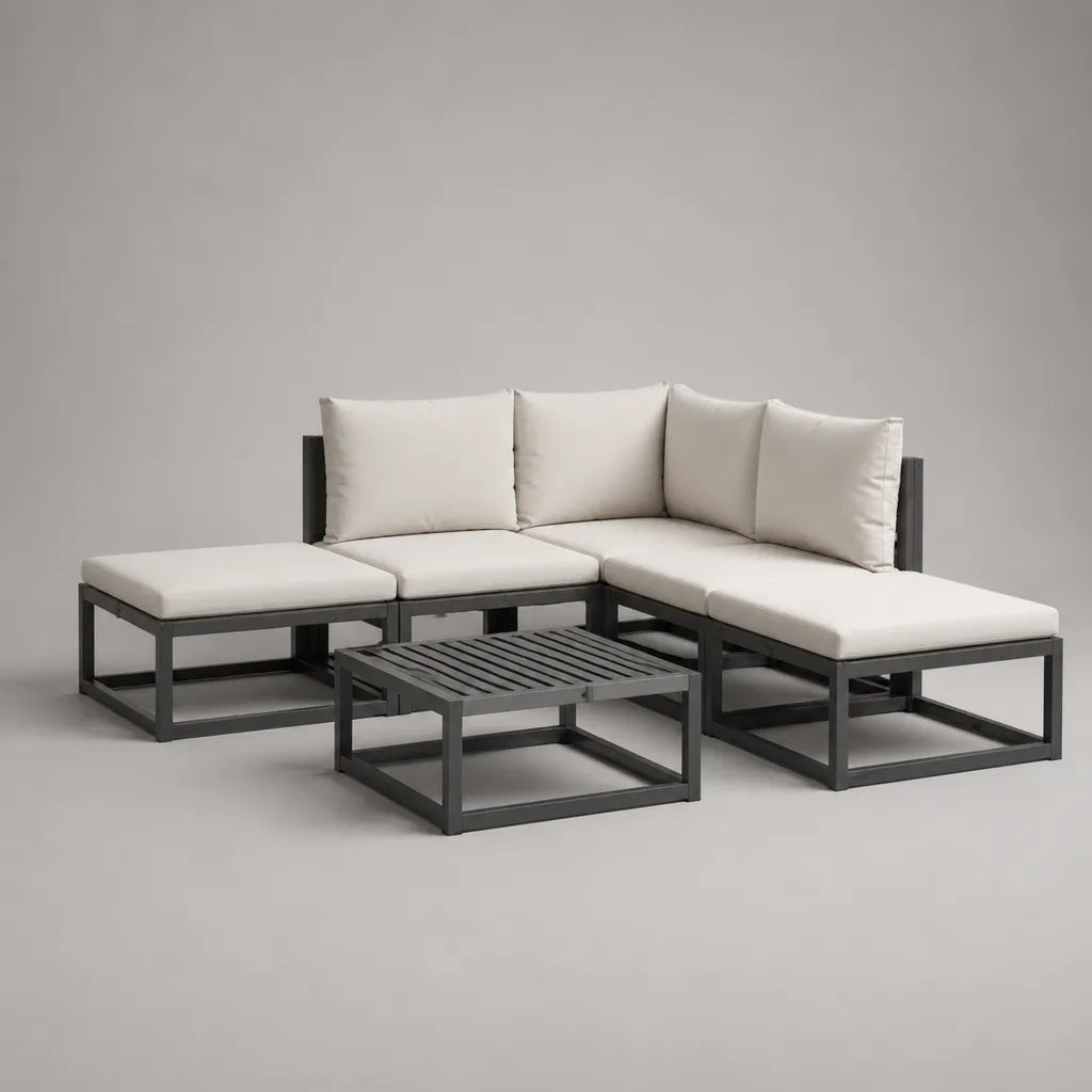 Ensemble de salons de jardin en forme de L de 5 parties, en métal avec revêtement et table basse, anthracite/blanc cassé, 225 × 150 × 70 cm