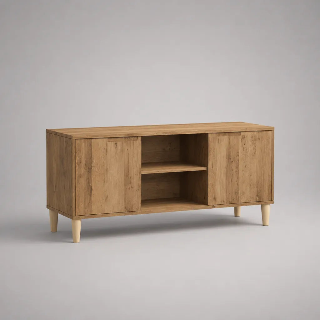 Meuble TV bas en bois avec 2 portes et 2 compartiments ouverts, chêne nature et beige, 120 × 40 × 60 cm