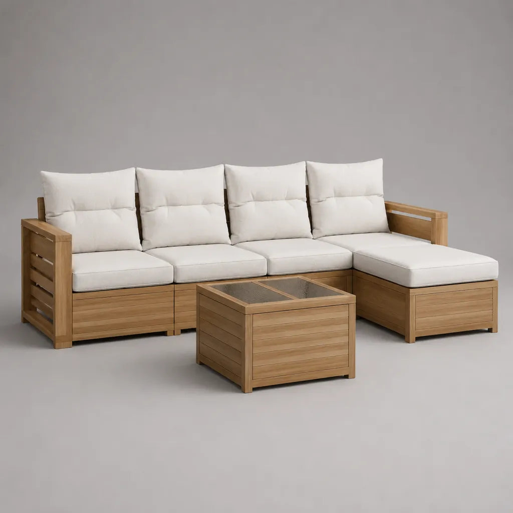 Canapé jardin extérieur, 4 places, en forme de L, en bois massif d'acacia avec coussin en polyester et table basse, brun naturel et blanc cassé, 255 × 145 × 78 cm