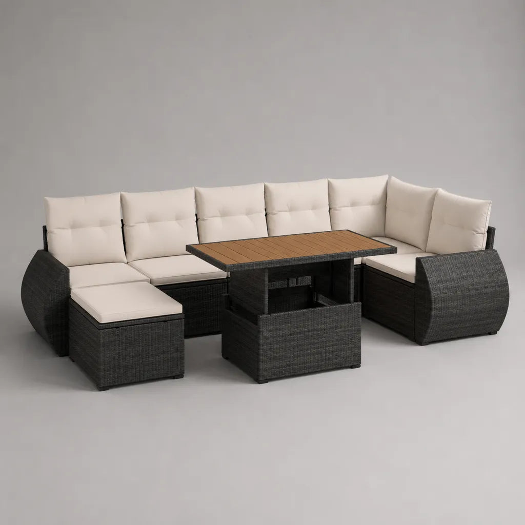 Set de salon de jardin en 2 parties avec canapé en forme de U et table à manger en rotin en PE, acier et WPC, anthracite/creme/brun, 260 × 190 × 78 cm