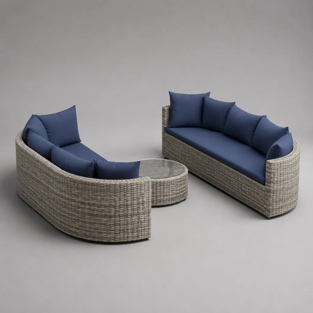 Lot de 3 pièces – Ensemble de salons de jardin en PE avec 2 canapés demi-tour et table en verre, gris et bleu foncé, canapés chaque 190 × 80 × 72 cm