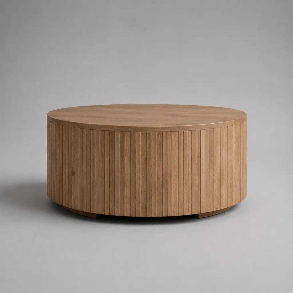 Table basse ronde en MDF avec placage de chêne et panneaux en bois, Chêne Nature, Ø 90 × H 40 cm