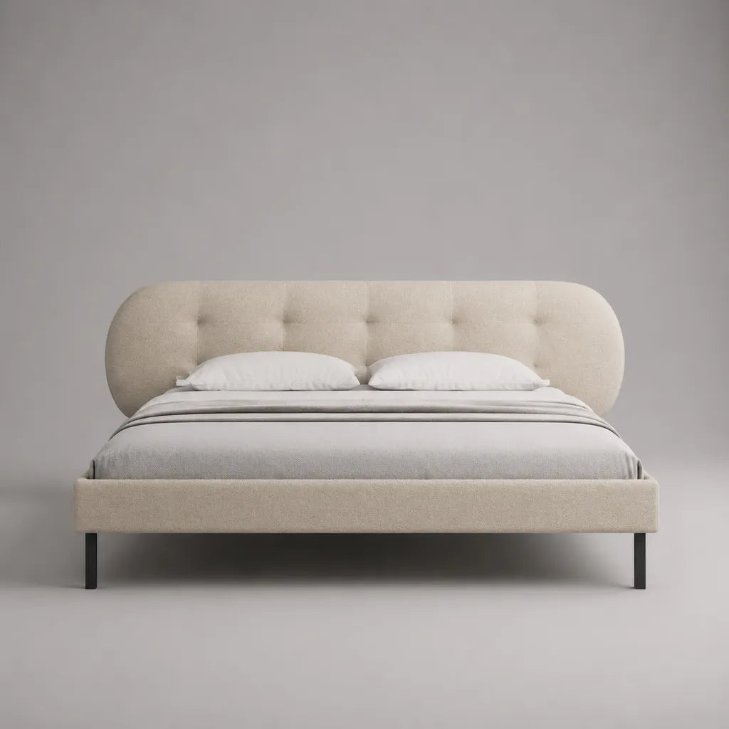 Lit double avec tête de lit, beige/noir, couchage 160 × 200 cm, dimensions totales 190 × 215 × 110 cm