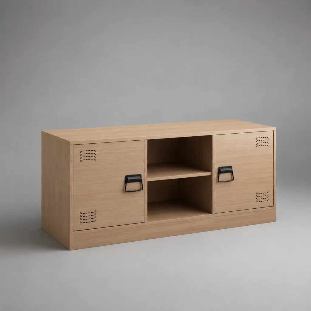 Armoire Meuble TV bas en MDF avec décoration en chêne, 2 portes et 2 compartiments ouverts, chêne naturel/noir, 120 × 40 × 60 cm