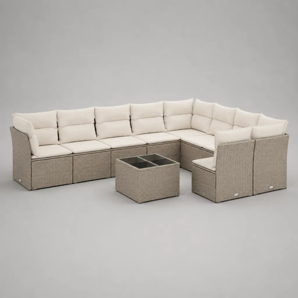 Set de salon de jardin de 8 pièces en résine tressée PE avec rembourrages et table en verre, forme U, taupe/cremeblanc/gris foncé, env. 320 × 245 × 72 cm