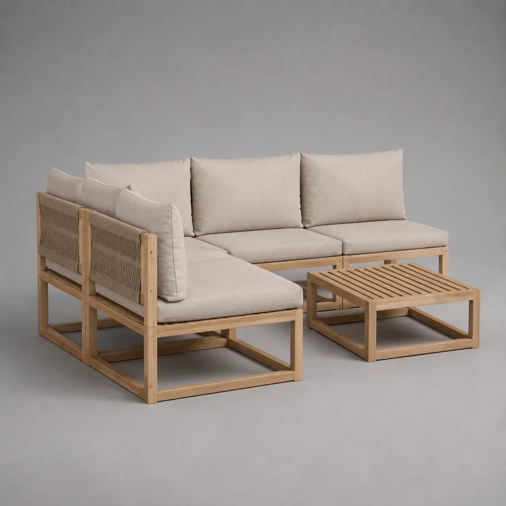 Canapé de jardin à 4 parties avec table basse en bois massif d'acacia, beige/nature, canapé 145 × 145 × 75 cm, table 70 × 70 × 35 cm