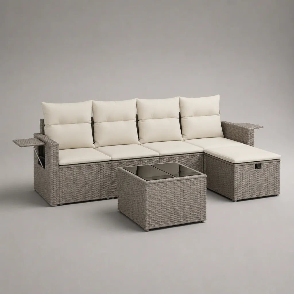 Kit de salon de jardin en 3 parties, canapé 4 places L avec ottoman et table en résine tressée PE, gris/creme, 235 × 140 × 84 cm