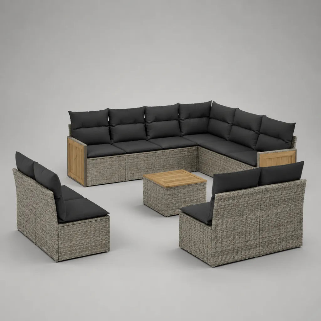 Salon de jardin de 10 pièces en rotin en PE, métal, bois et tissu, canapé d'angle 280 × 220 × 75 cm, gris, anthracite et brun naturel