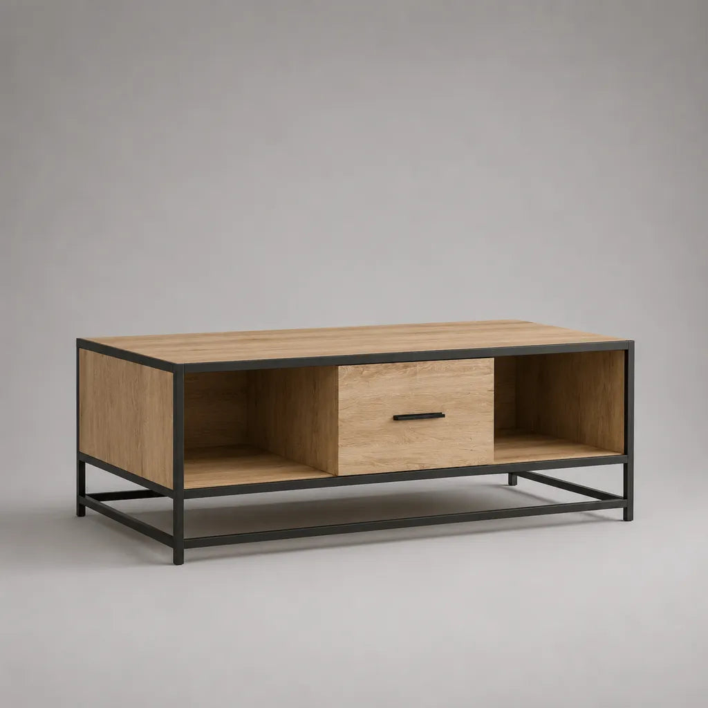 Table basse rectangulaire avec tiroir et fentes, plaque de particules et acier, chêne/noir, 110 × 55 × 45 cm