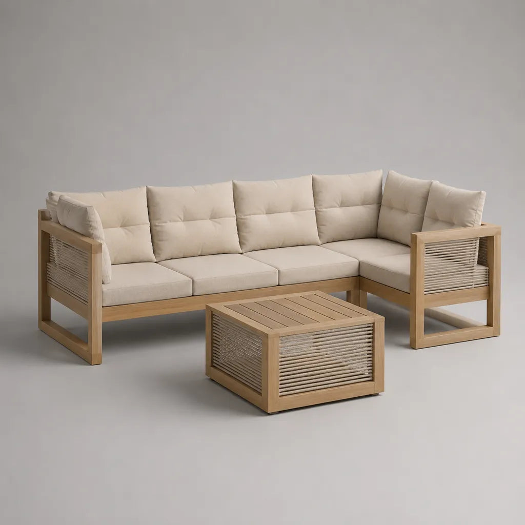 Ensemble de salons de jardin 2 pièces, canapé en forme de L 250 × 160 × 82 cm et table basse 75 × 75 × 45 cm, bois massif d'acacia et corde en polypropylène, nature/brai/blanc cassé