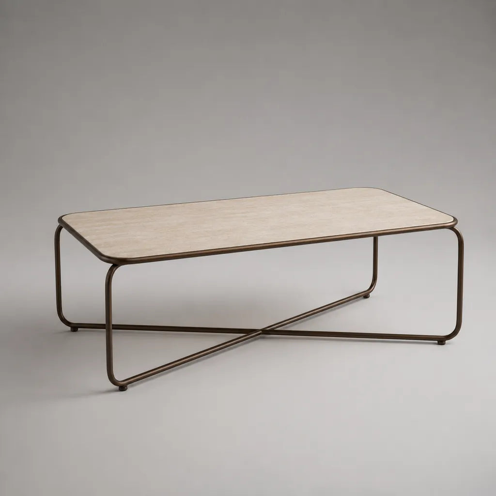 Table basse rectangulaire en MDF et acier, beige/bronze, 120 × 60 × 42 cm