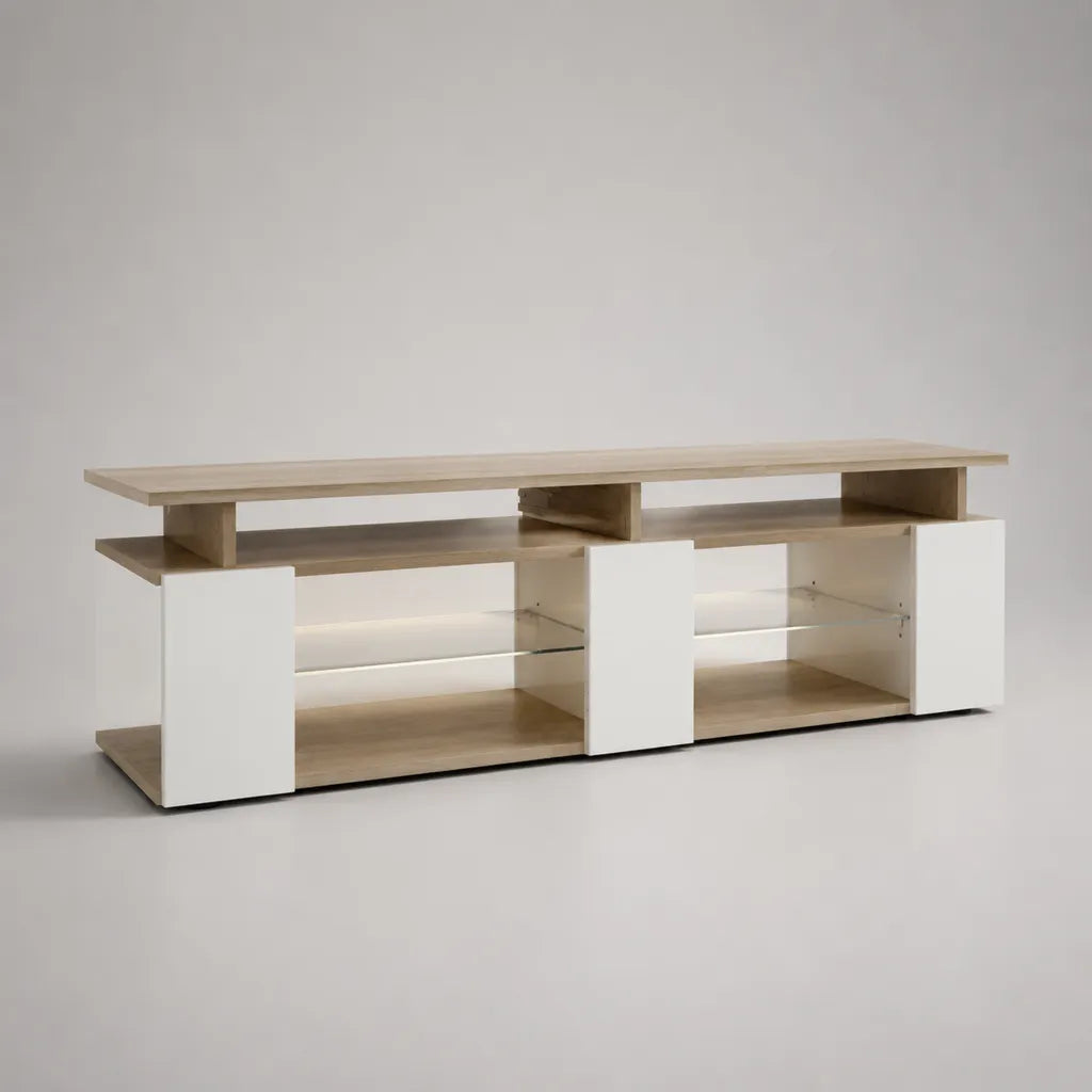 Meuble TV bas en bois et verre avec 3 portes coulissantes et 2 planchers en verre, blanc/terre naturel, 180 × 40 × 60 cm
