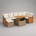 Ensemble de salons de jardin de 5 parties, en bois de bois en résine tressée PE, acier et acacia avec canapé en U, table et tabouret réglable en hauteur, taupe, crème, brun naturel et gris foncé, 245 × 180 × 75 cm