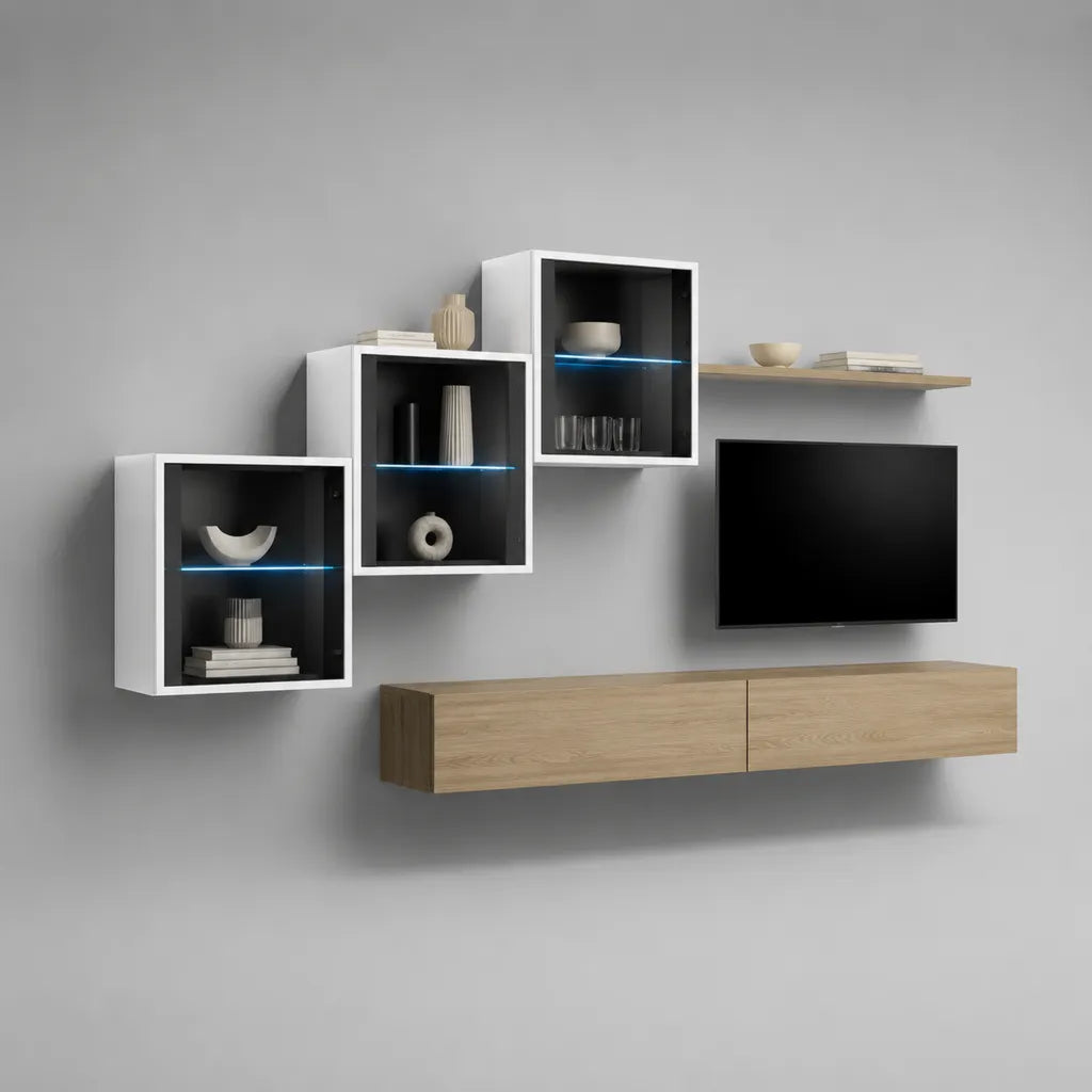 Ensemble TV mur en bois à 5 parties avec 3 vitrines et éclairage LED, chêne, blanc et noir, env. 240 × 35 × 180 cm