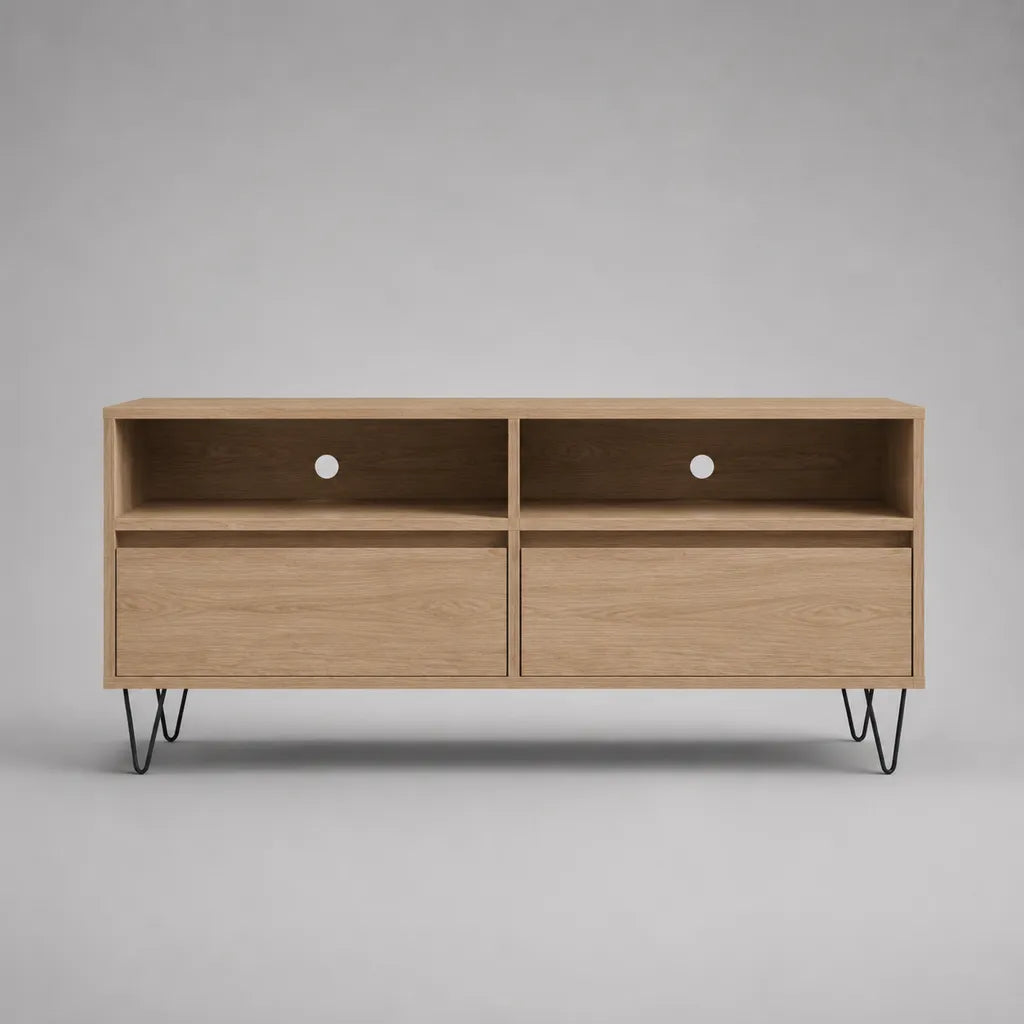 Meuble TV bas en panneau de particules avec placage de chêne et structure en acier, 2 tiroirs, 2 ouvertures de câble, chêne nature/noir, 120 × 40 × 60 cm
