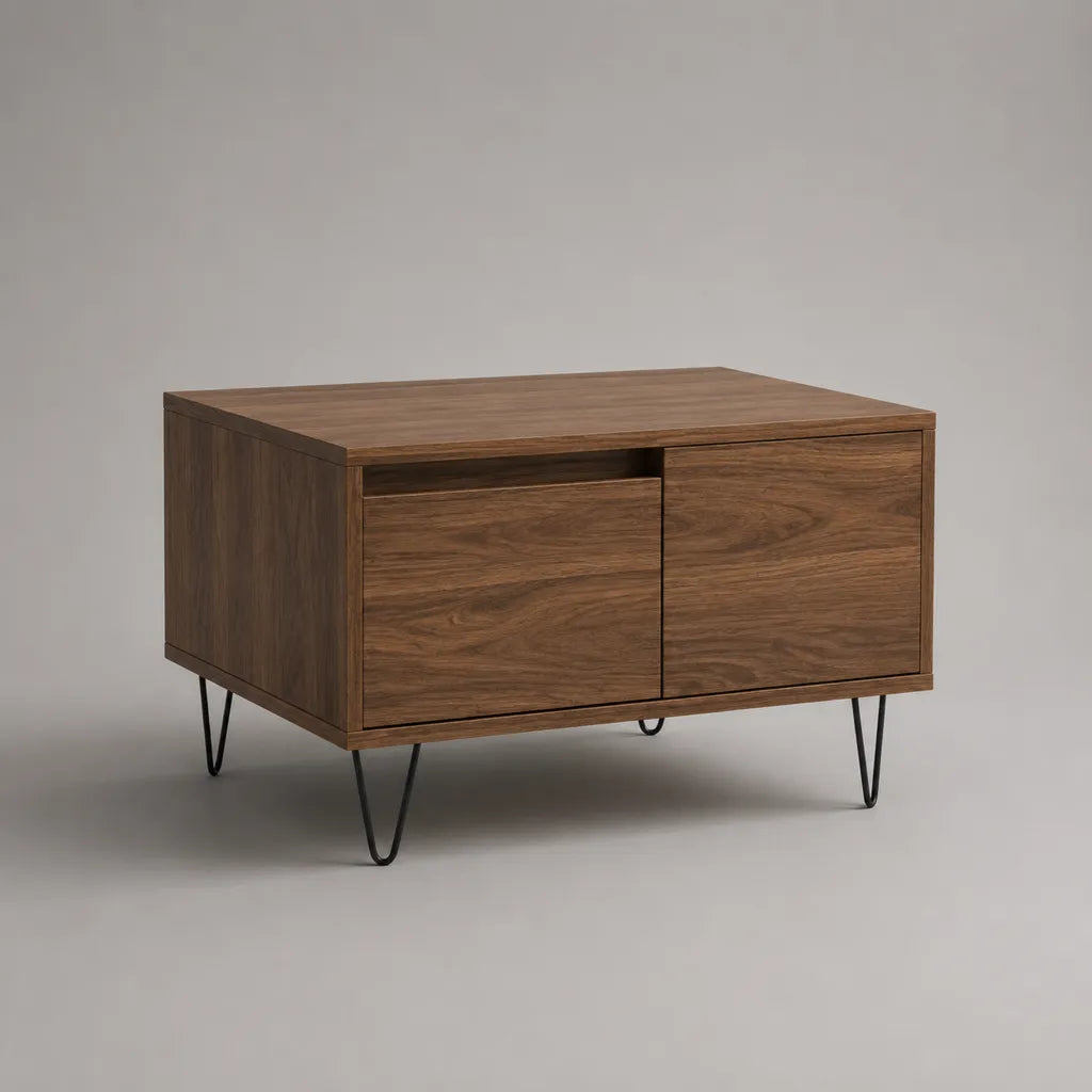 Table basse rectangulaire avec rangement en MDF et acier, brun noyer et noir, 80 × 45 × 50 cm