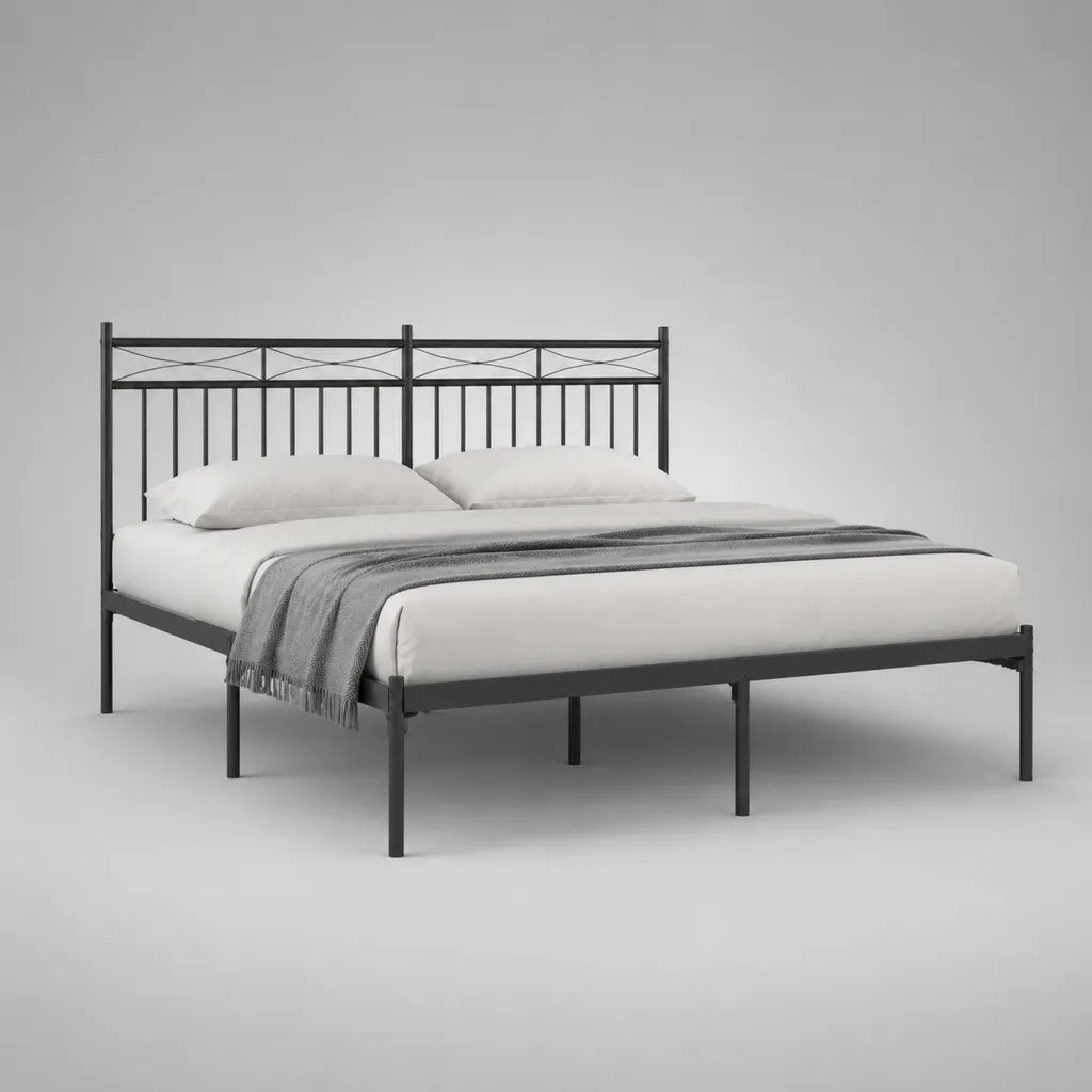 Lit en métal avec tête de lit, noir, surface allongée 180 × 200 cm, dimensions totales 208 × 186 × 100 cm