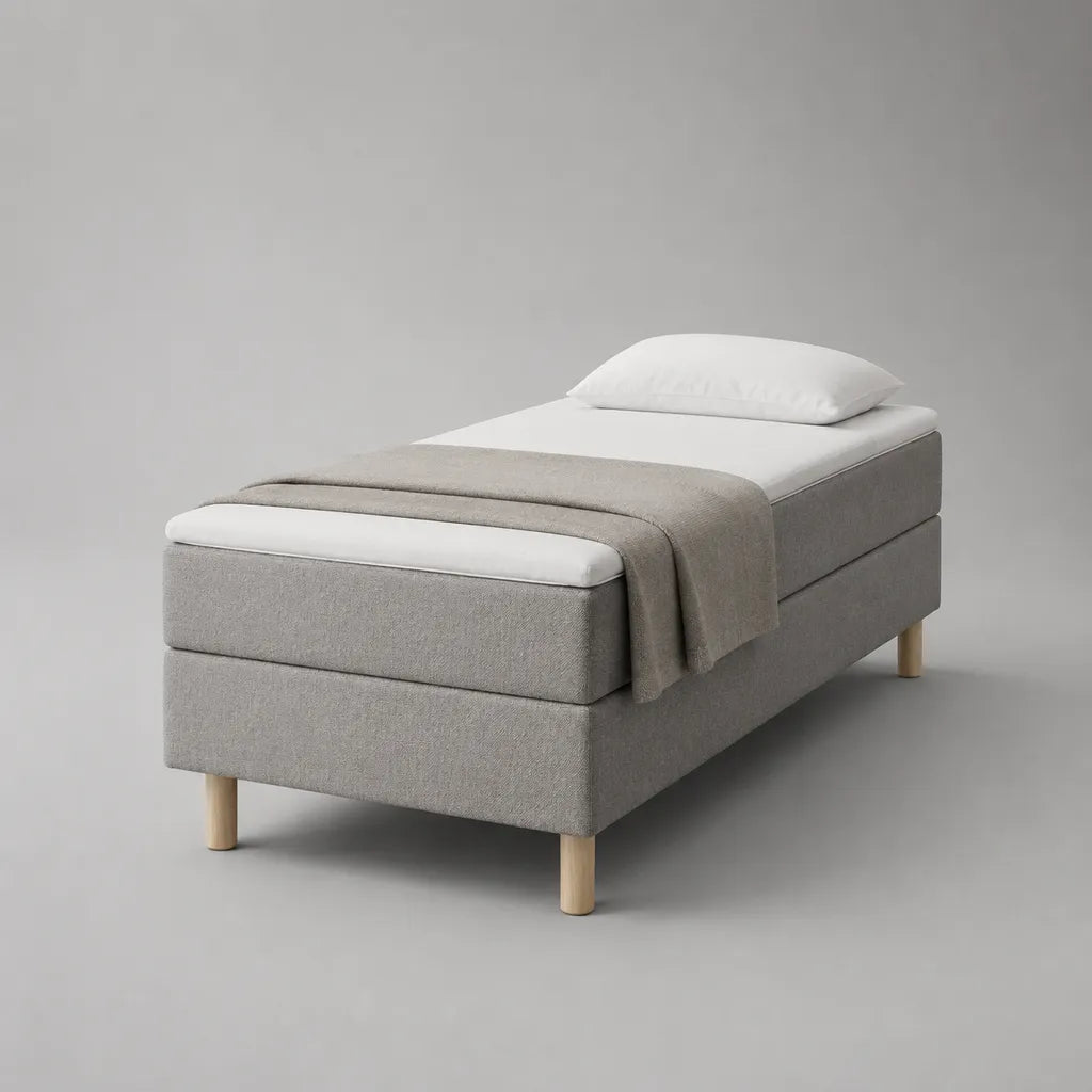 Lit double lit simple 90 × 200 cm avec matelas et topper, housse en tissu, gris clair, blanc et couleurs naturelles