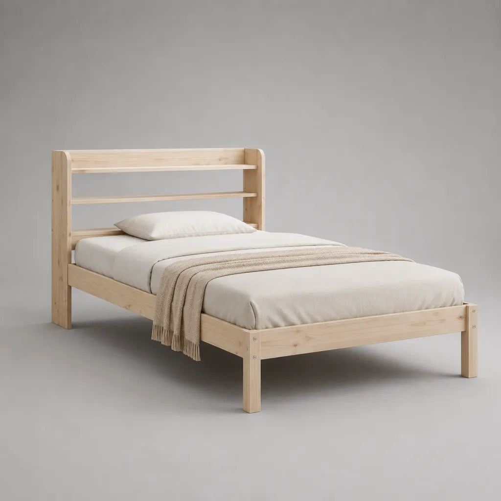 Structure de lit en bois massif de pin, nature, couchage 140 × 200 cm, dimension extérieure 207 × 147 × 110 cm
