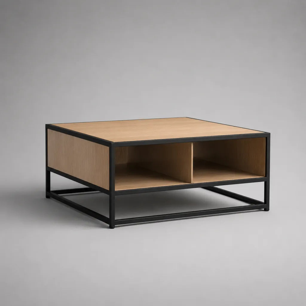 Table basse carrée en MDF, métal et acier avec 2 compartiments ouverts, chêne naturel/noir, 80 × 80 × 40 cm