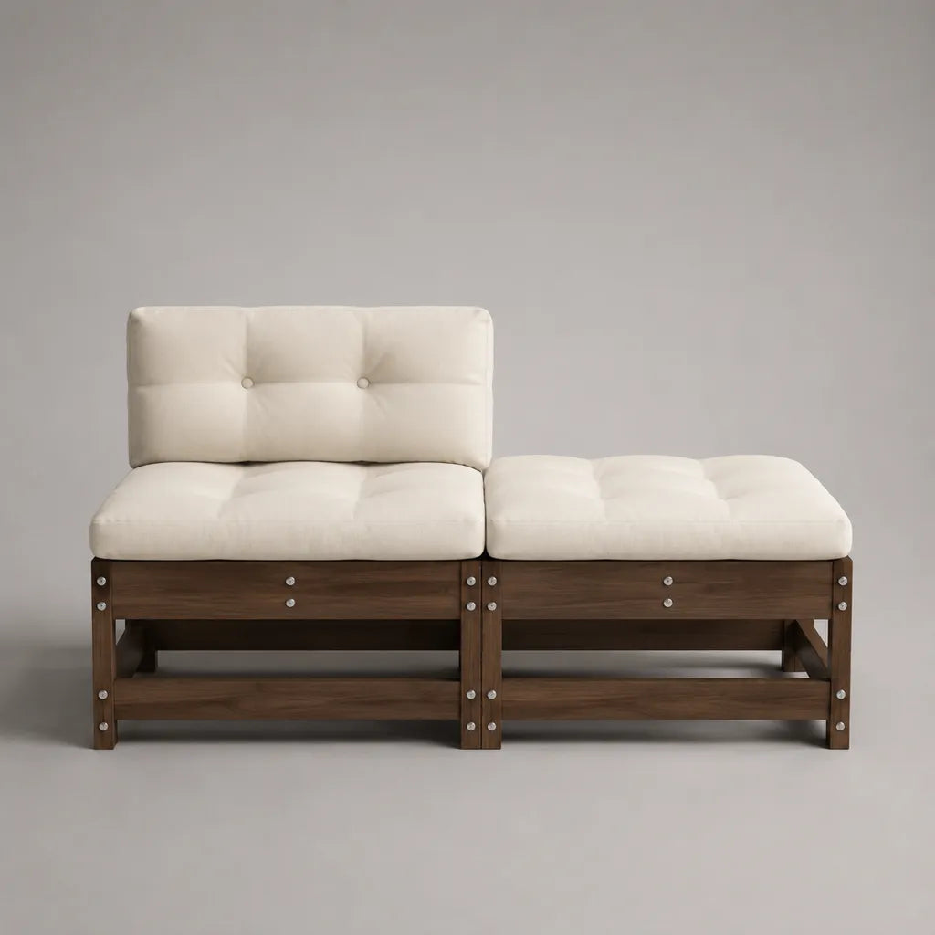 Loungeset de 2 pièces avec fauteuil salon et tabouret, structure en bois et rembourrage polyester, crème/brun foncé, 130 × 65 × 75 cm