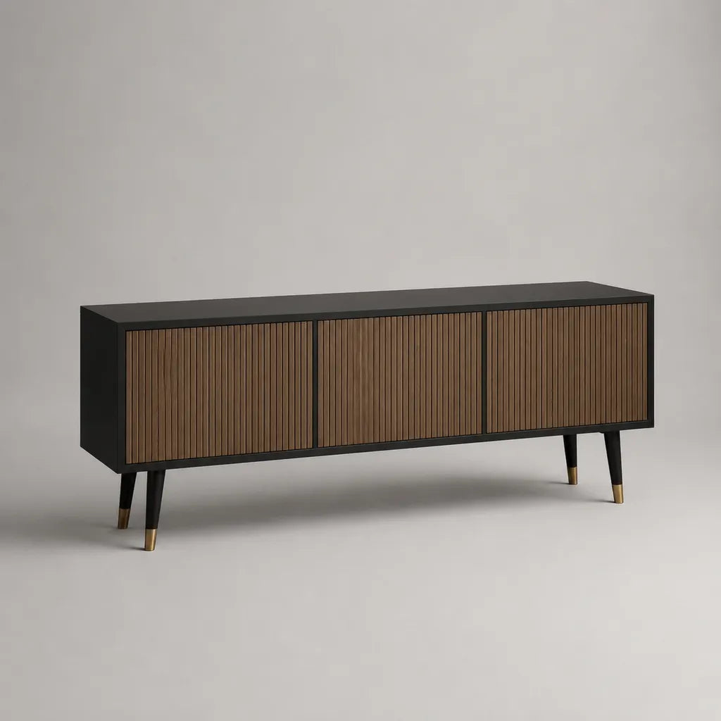 Meuble TV bas avec 3 portes en MDF et panneau de particules, front fritté, noir mat et noyer, 160 × 40 × 60 cm