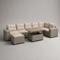 Ensemble de salons de jardin en forme de L en PE avec table mobile et tabouret, Greige et Beige, 295 × 220 × 74 cm