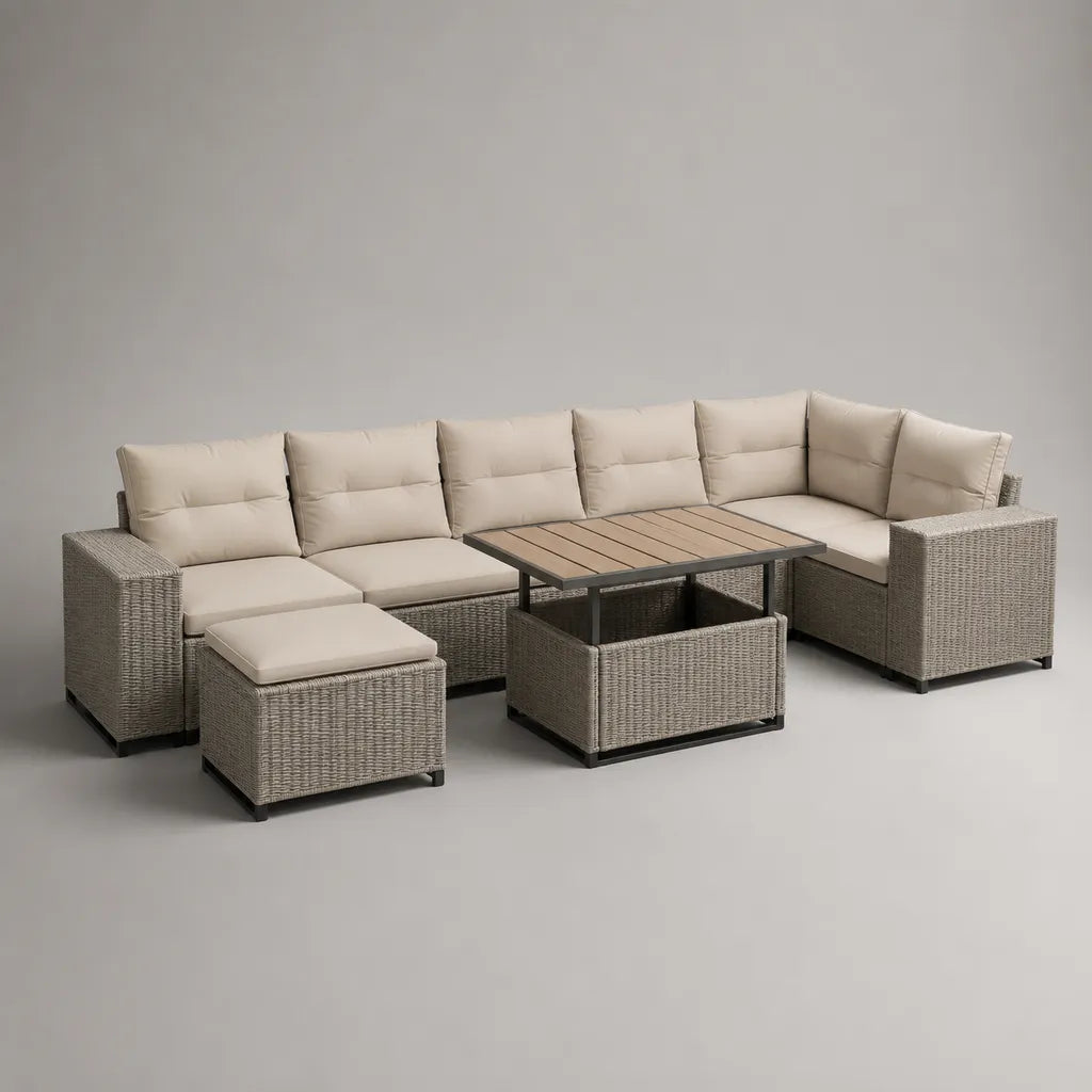 Ensemble de salons de jardin en forme de L en PE avec table mobile et tabouret, Greige et Beige, 295 × 220 × 74 cm
