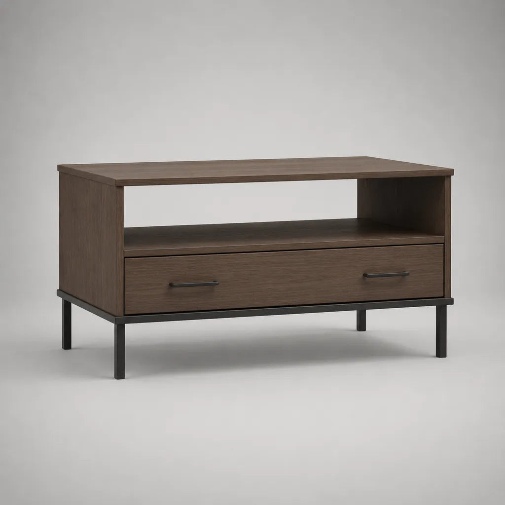 Table basse rectangulaire avec tiroir et rangement en panneau de particules et acier recouvert de mélamine, brun foncé et noir, 100 × 50 × 55 cm