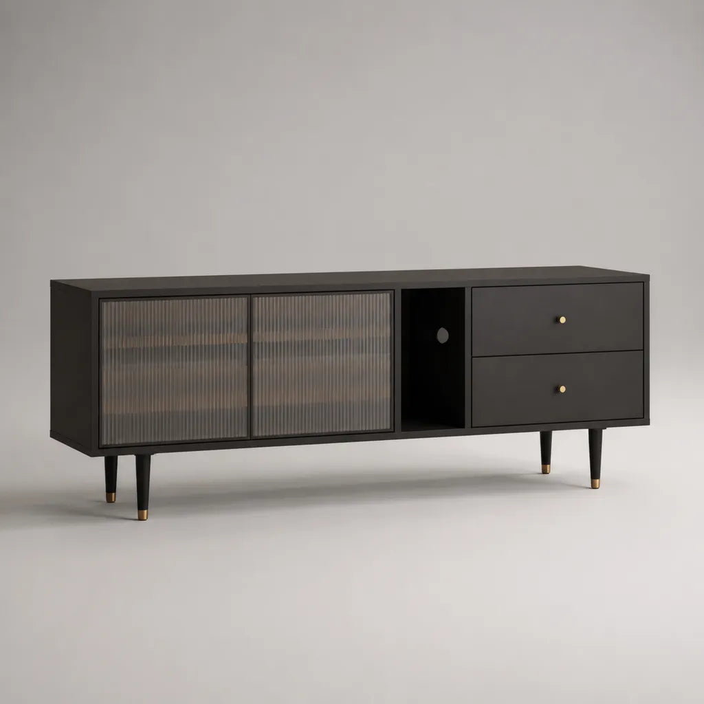 Meuble TV bas en panneaux de particules et MDF avec 2 portes en verre, 2 tiroirs et compartiment pour câbles, noir, gris et en laiton, 160 × 40 × 65 cm