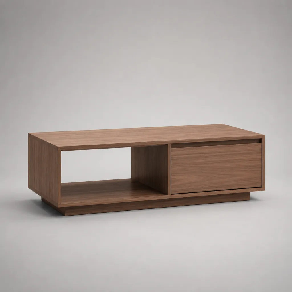 Table basse rectangulaire avec tiroir et compartiment ouvert, MDF avec placage de noix, brun de noix, 120 × 60 × 40 cm