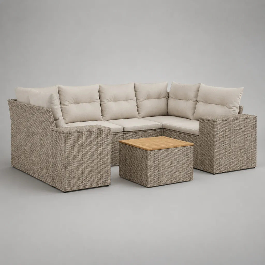 Salon de jardin 4 pièces avec canapé-angle 5 places et table en résine tressée PE, acier et bois d'acacia, forme L, beige, 240 × 240 × 70 cm