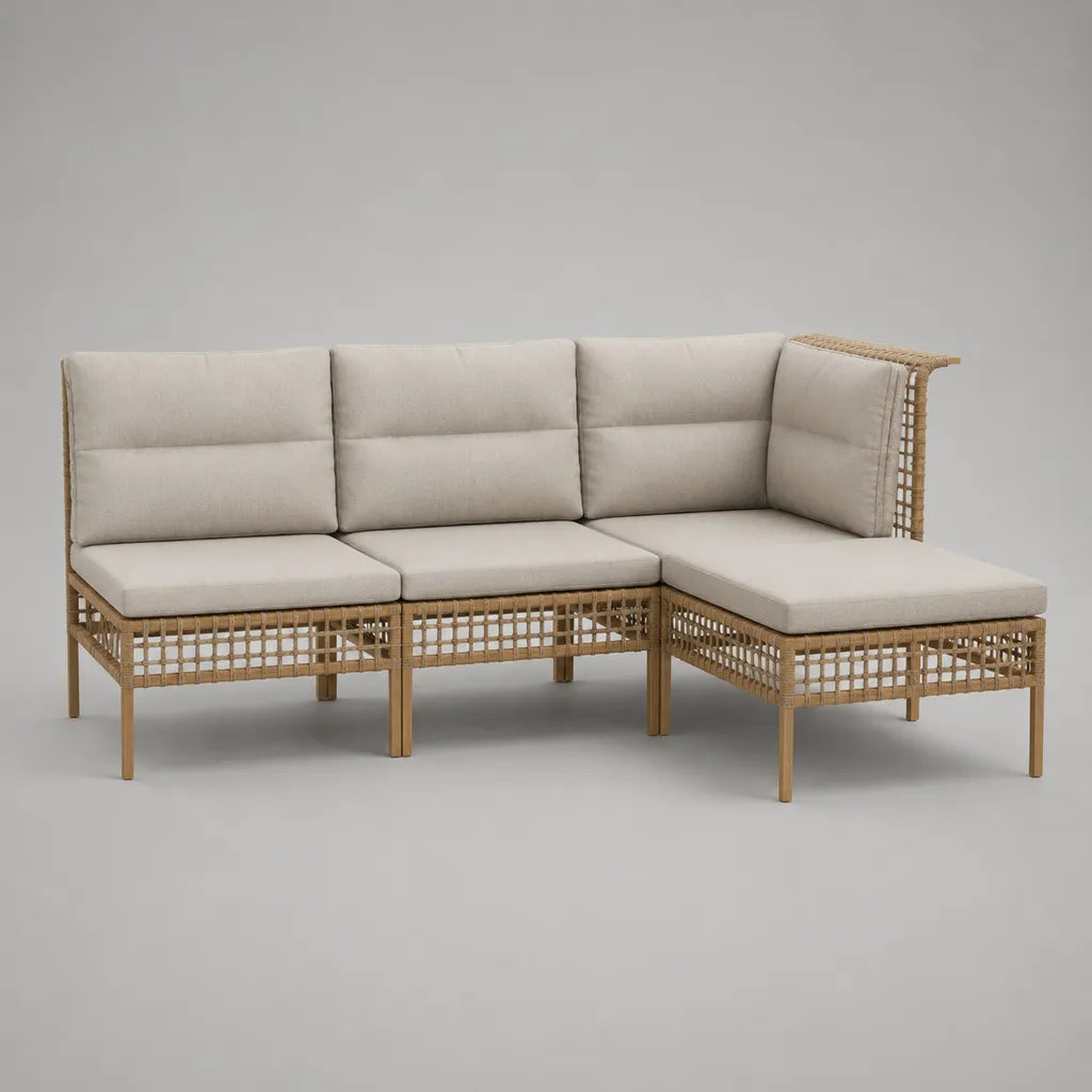 Canapé-jardin en forme de L, 3 parties, en rotin en PE et acier avec coussin en polyester, nature/fermeture, 213 × 149 × 75 cm