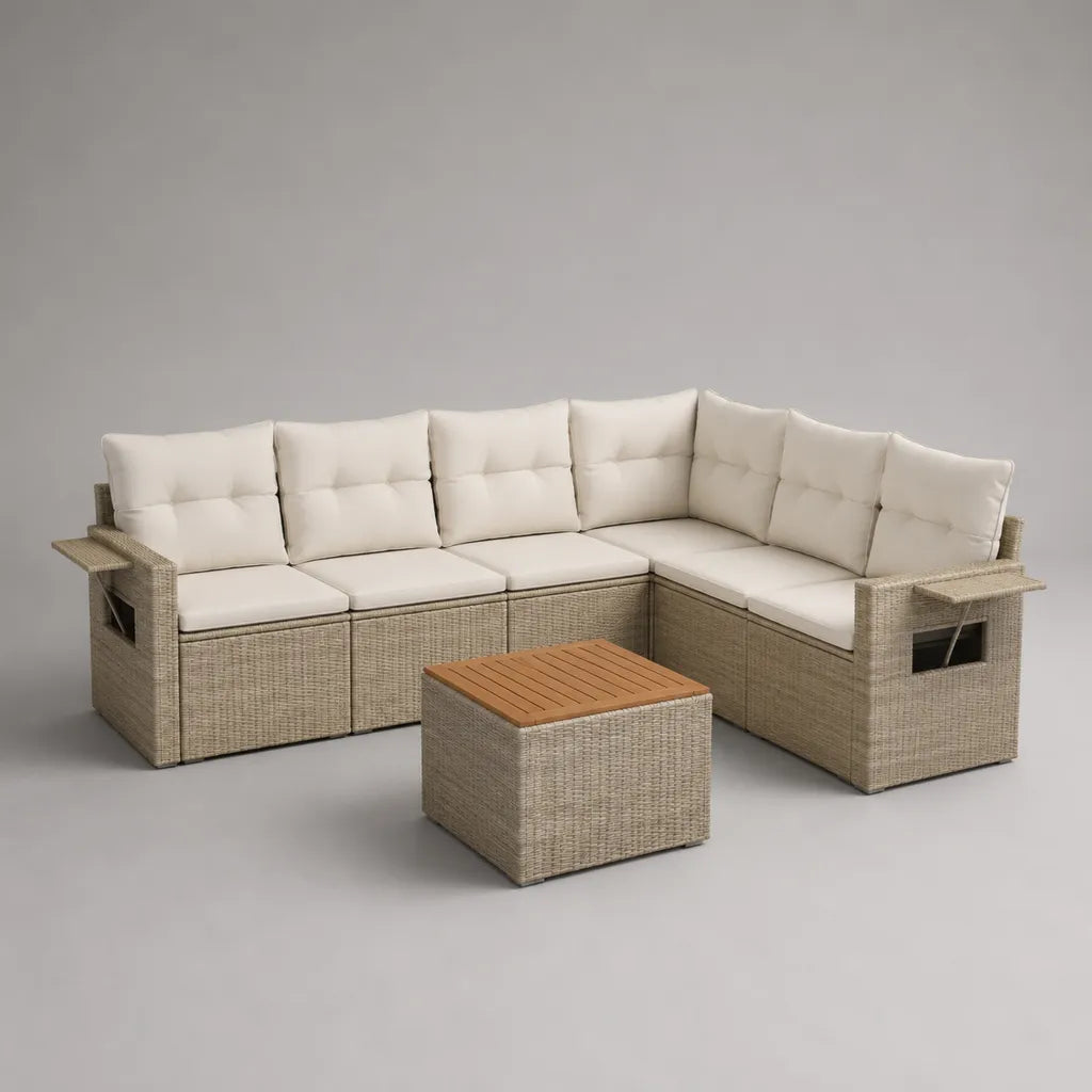 Loungeset de jardin 2 parties, forme L, beige, 230 × 230 × 72 cm, rotin en PE, acier et polyester, table 65 × 65 × 43 cm