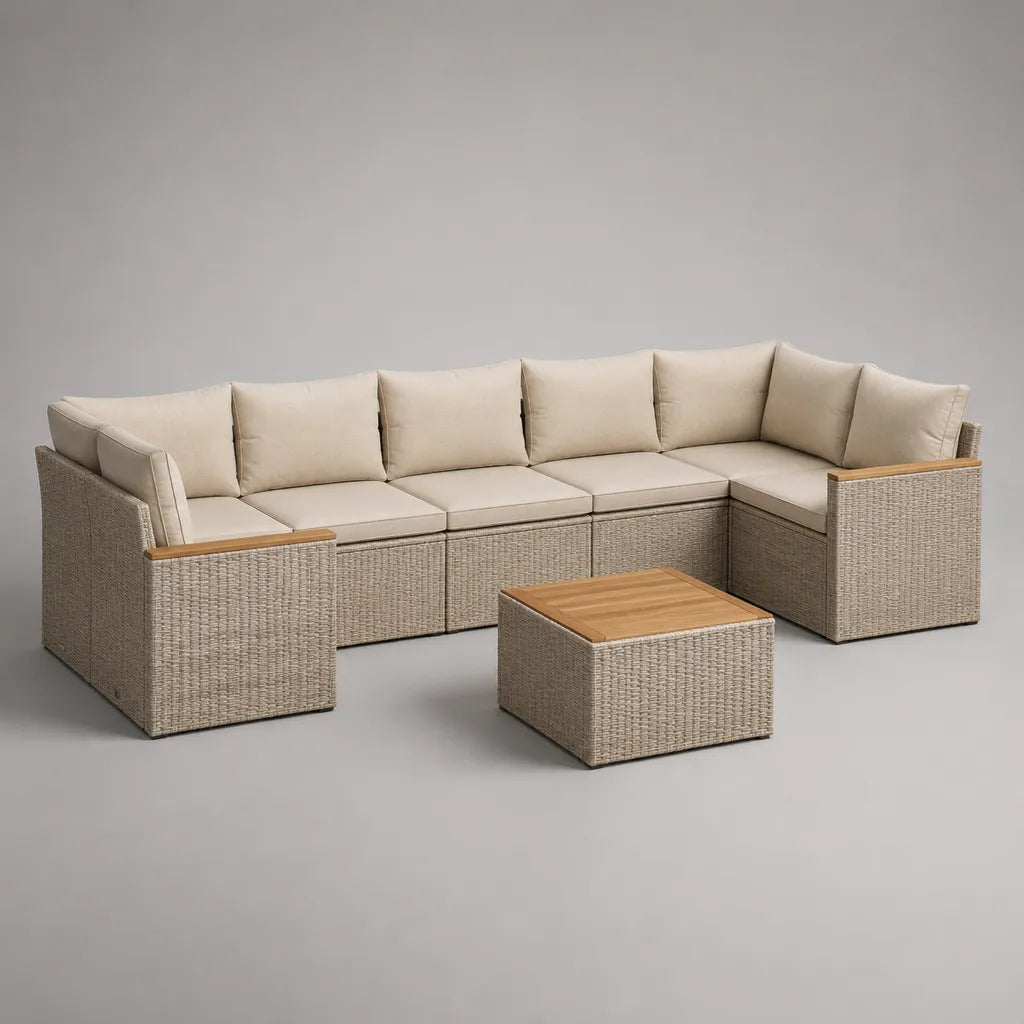 Ensemble de salons de jardin de 6 parties en rotin en PE, métal, bois et tissu, forme L avec 5 sièges et table, beige/taupe/brun naturel, 282 × 150 × 72 cm