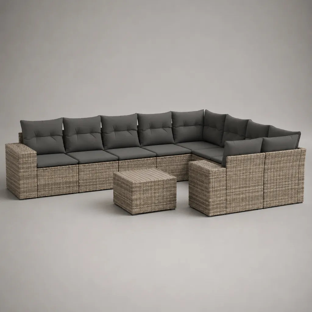 Ensemble de salons extérieurs de 9 pièces en U en résine tressée PE et métal, beige et gris foncé, 320 × 220 × 75 cm