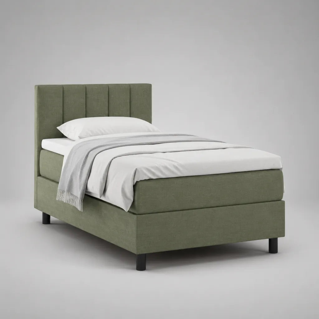 Lit rembourré avec grille en bois massif de pin et polyester, vert olive, 90 × 200 cm, dimensions totales 210 × 96 × 110 cm