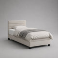 Lit rembourré avec housse en tissu, rembourrage en mousse et grille, beige et noir, couchage 90 × 200 cm, dimensions totales 211 × 101 × 105 cm