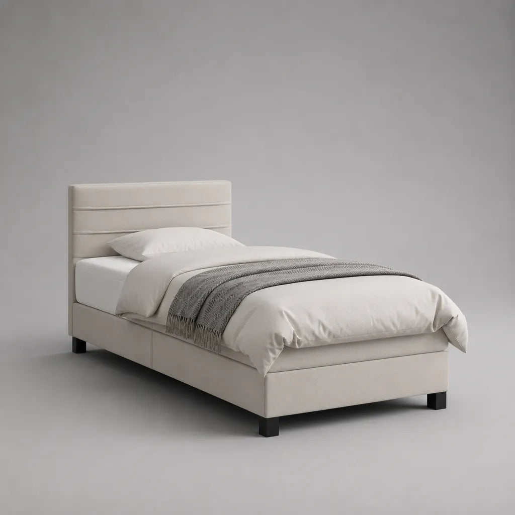Lit rembourré avec housse en tissu, rembourrage en mousse et grille, beige et noir, couchage 90 × 200 cm, dimensions totales 211 × 101 × 105 cm