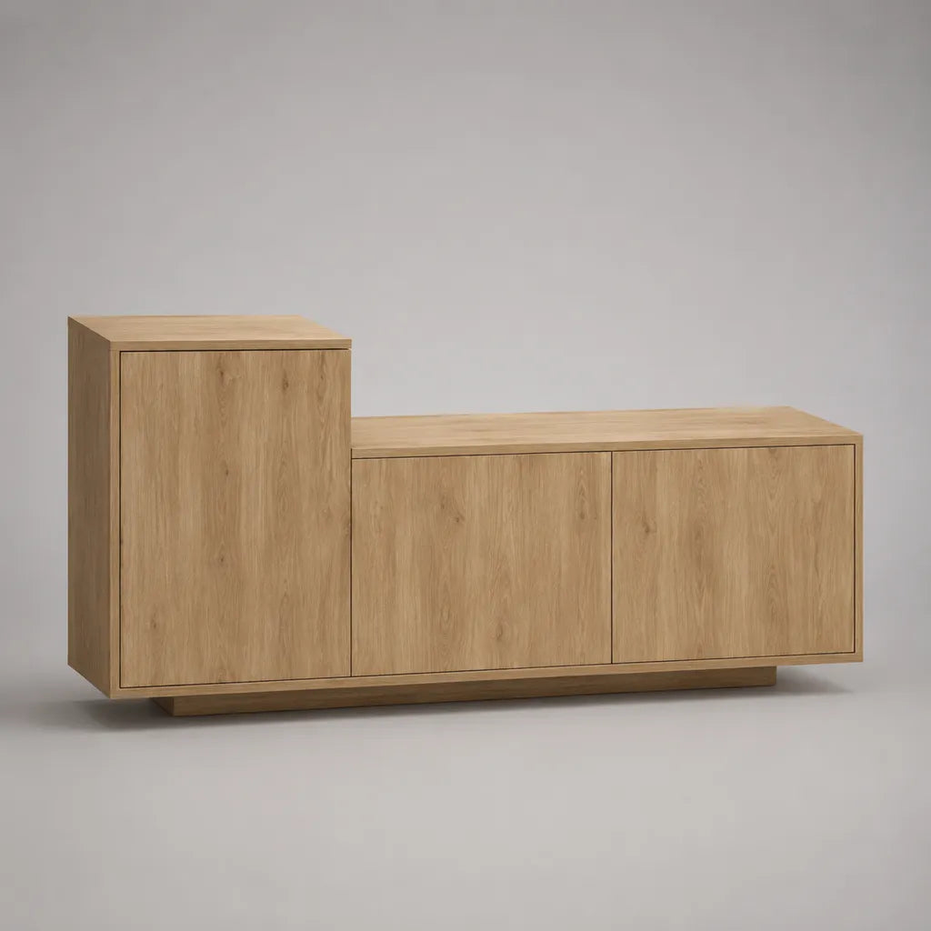 Meuble TV bas en panneaux de particules avec placage de chêne, 3 portes, chêne nature, 160 × 40 × 85 cm