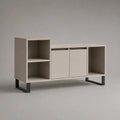 Armoire TV en panneaux de particules et acier avec 2 portes et 5 compartiments ouverts, beige et noir, 140 × 40 × 80 cm
