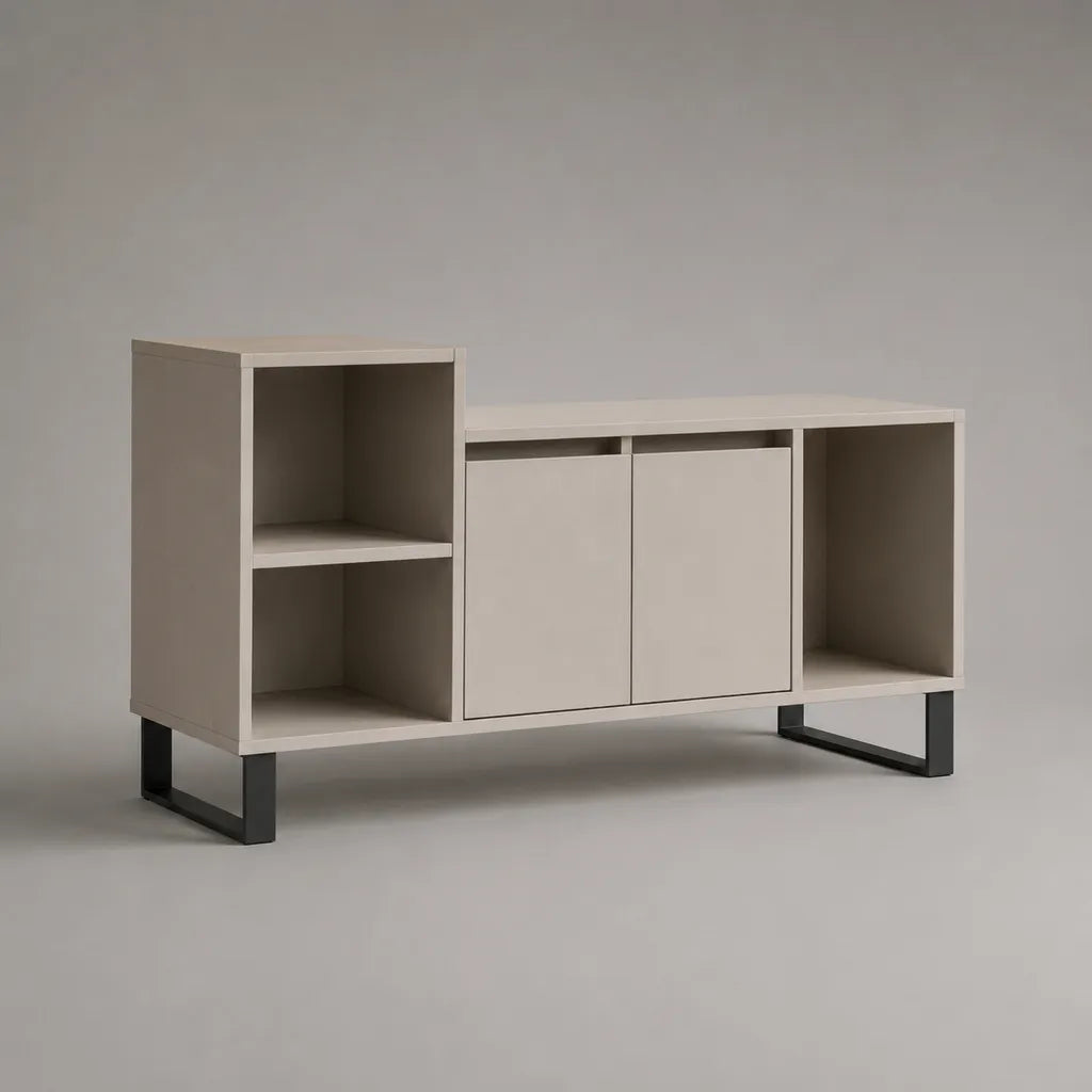 Armoire TV en panneaux de particules et acier avec 2 portes et 5 compartiments ouverts, beige et noir, 140 × 40 × 80 cm