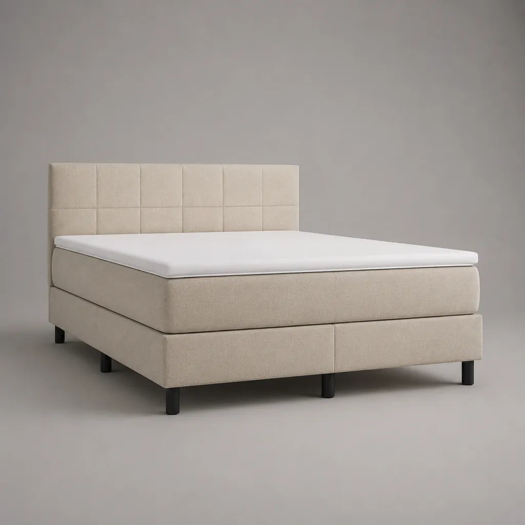 Lit spring 160 × 200 cm avec matelas à ressorts de poche, Topper et housse polyester, beige
