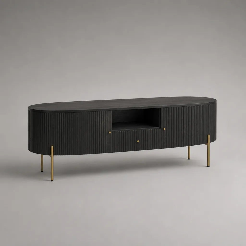 Meuble TV bas en MDF et placage de frêne avec pieds en acier, arrondi, noir/or, 160 × 40 × 55 cm