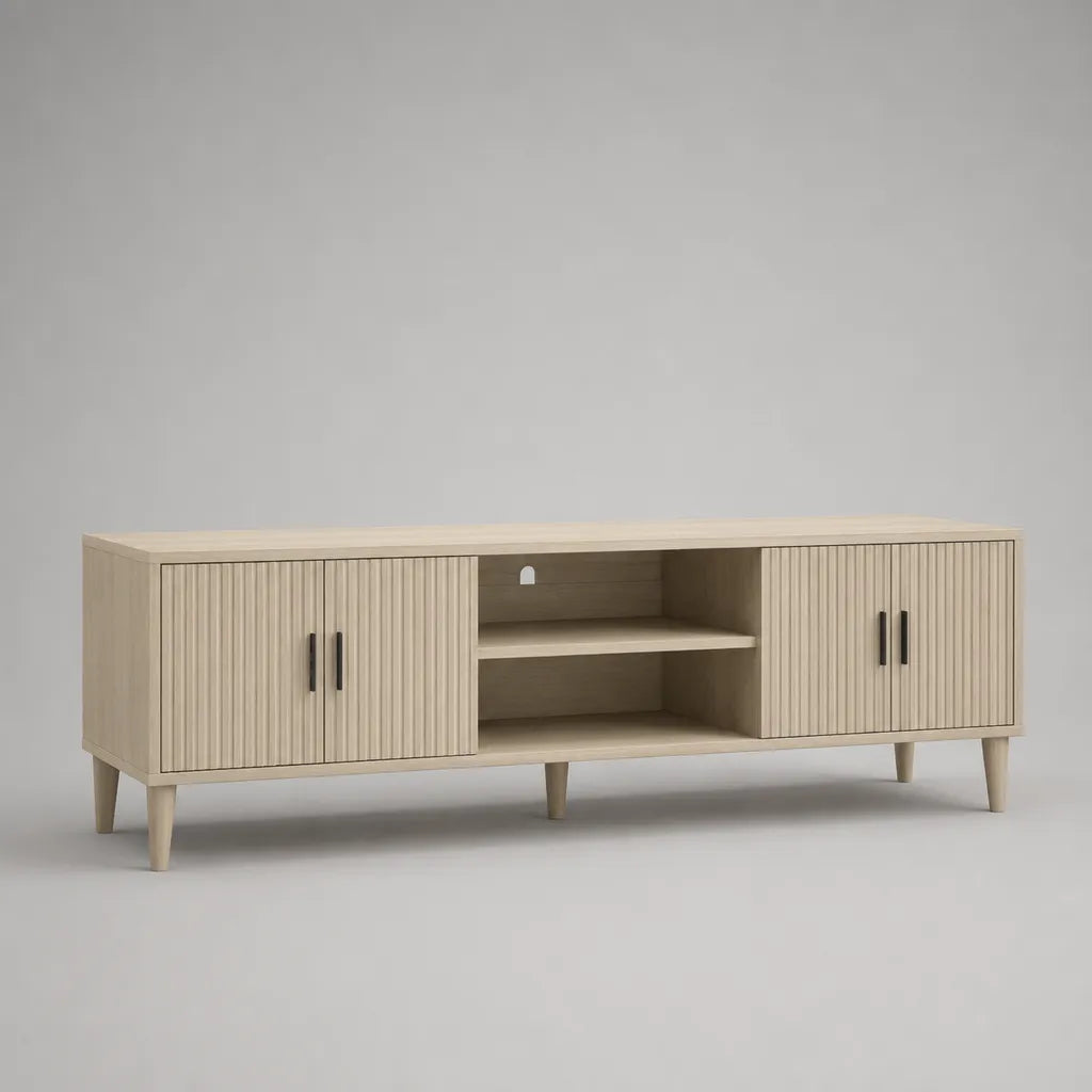 Meuble TV bas en panneaux de particules et MDF avec 4 portes et 2 compartiments ouverts, chêne clair/noir, 180 × 40 × 65 cm