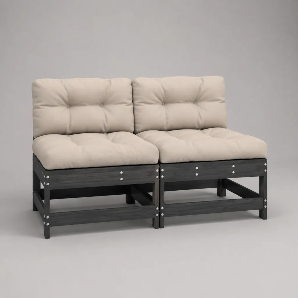 Lot de 2 pièces – Canapé-jardin, 2 places en bois avec coussin en tissu, noir/beige, 134 × 72 × 78 cm