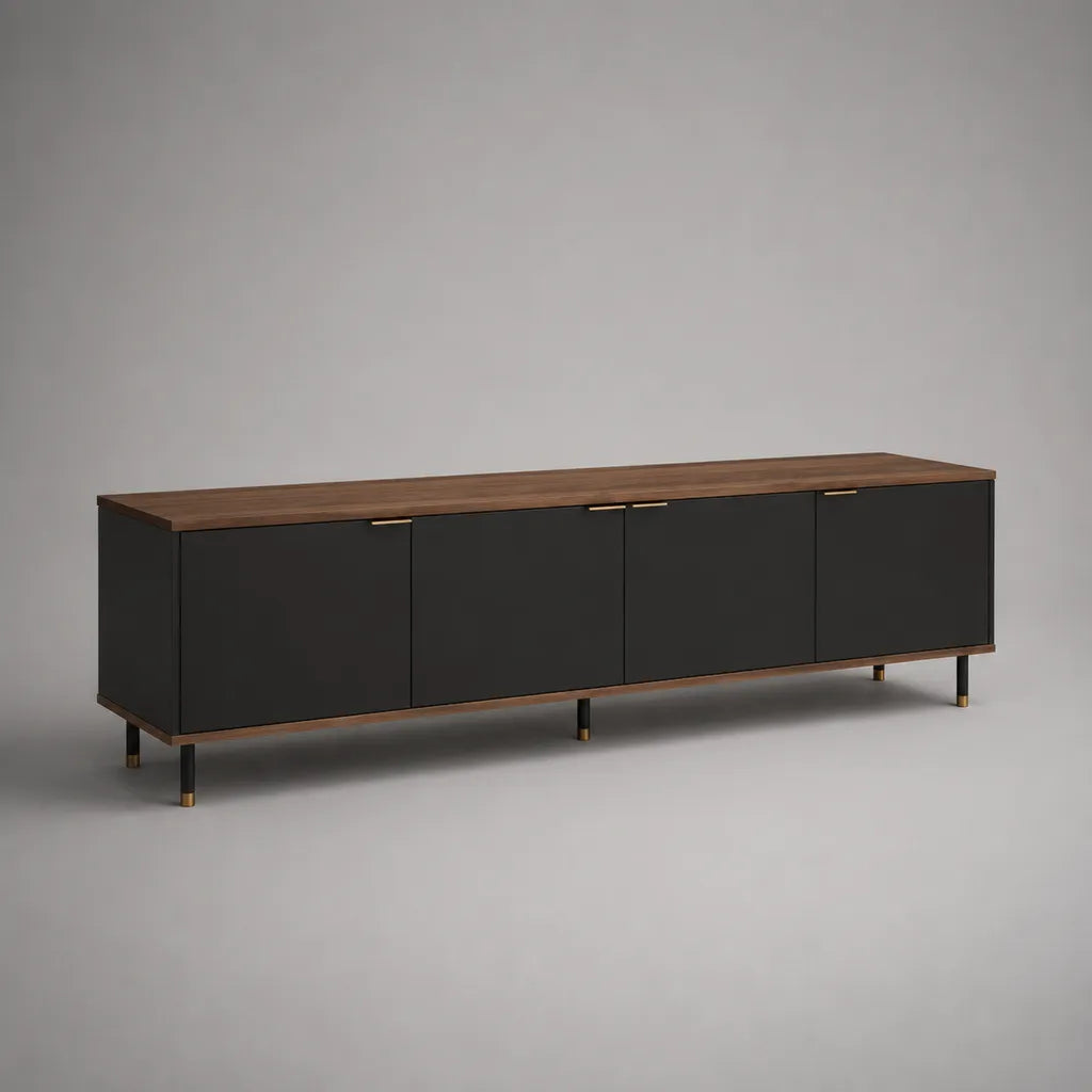 Télévision lowboard avec 4 portes en bois et métal, noir et brun noix, 200 × 40 × 60 cm