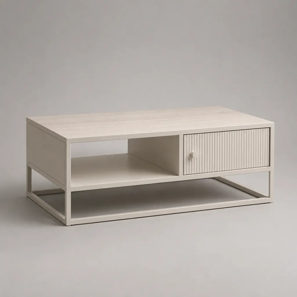 Table basse rectangulaire en MDF et acier recouvert de poudre avec tiroir et étagères, blanc, 100 × 55 × 45 cm